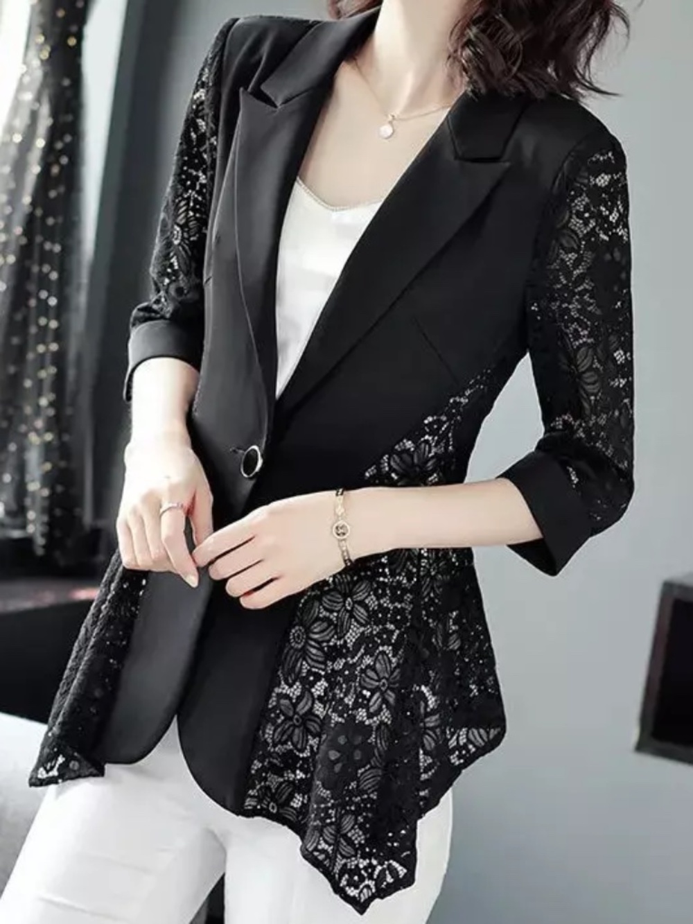 Women's Lace Blazer Suit Floral Jacket Coat Outerwear Spliced Hollow Office Coat